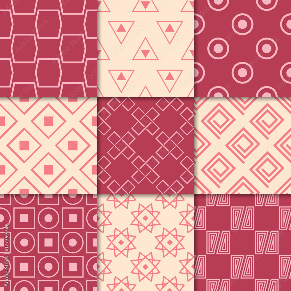 Fototapeta premium Cherry red and beige geometric ornaments. Collection of seamless patterns