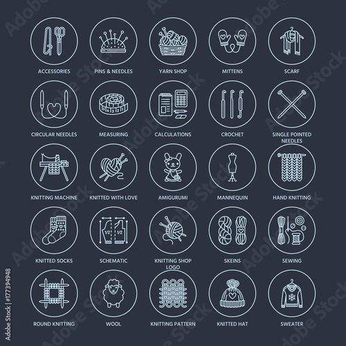 Knitting, crochet, hand made line icons set. Knitting needle, hook, scarf, socks, pattern, wool skeins and other DIY equipment. Linear signs set, logos with editable stroke for yarn or tailor store.