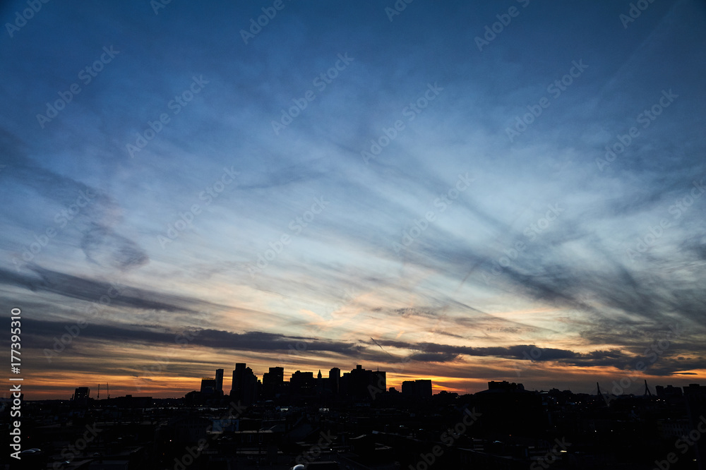 Sunset Boston downtown skyline