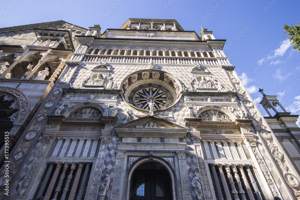 Monuments of the Citta Alta (upper city) of Bergamo, Italy. the Duomo (cathedral), the Basilica di Santa Maria Maggiore and the Cappella Colleoni (Colleoni chapel)