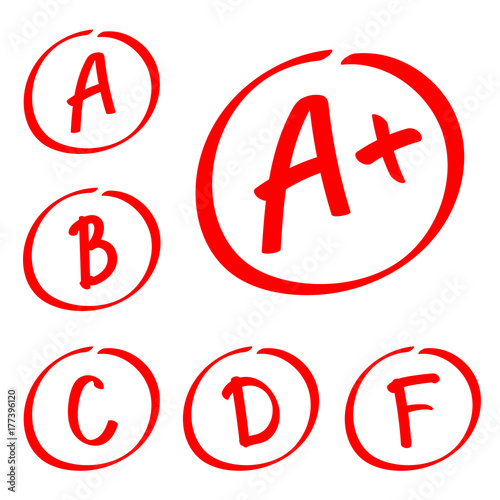 Grade results. Hand drawn vector set of grades. Red notes.