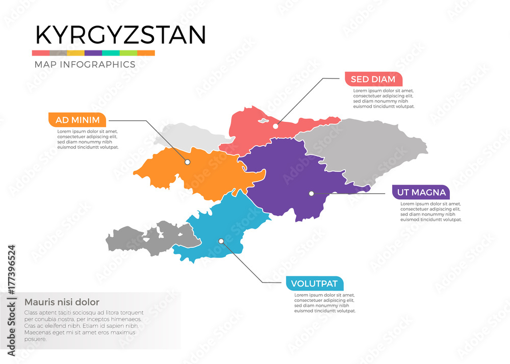 Kyrgyzstan map infographics vector template with regions and pointer marks Kyrgyzstan map infographics vector template with regions and pointer marks