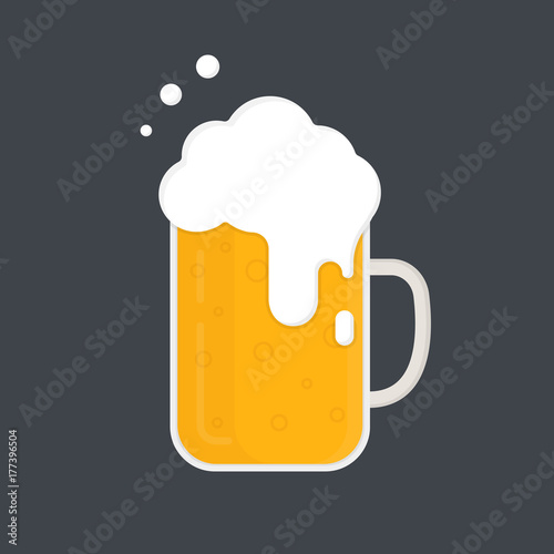 Mug of beer. Beer mug with a lot of foam. Vector icon. Flat design.