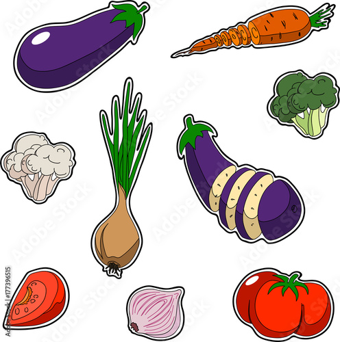 Set of vegetables, sticker style. Set contains onion broccoli tomato garlic eggplant cabbage carrot cauliflower sliced and whole