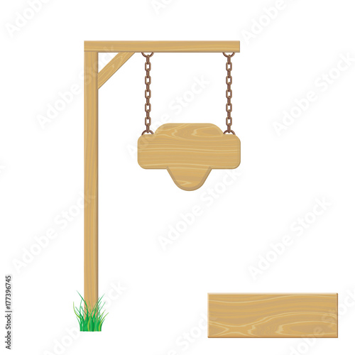 Blank wooden signboard hanging on chain. Isolated on white background.