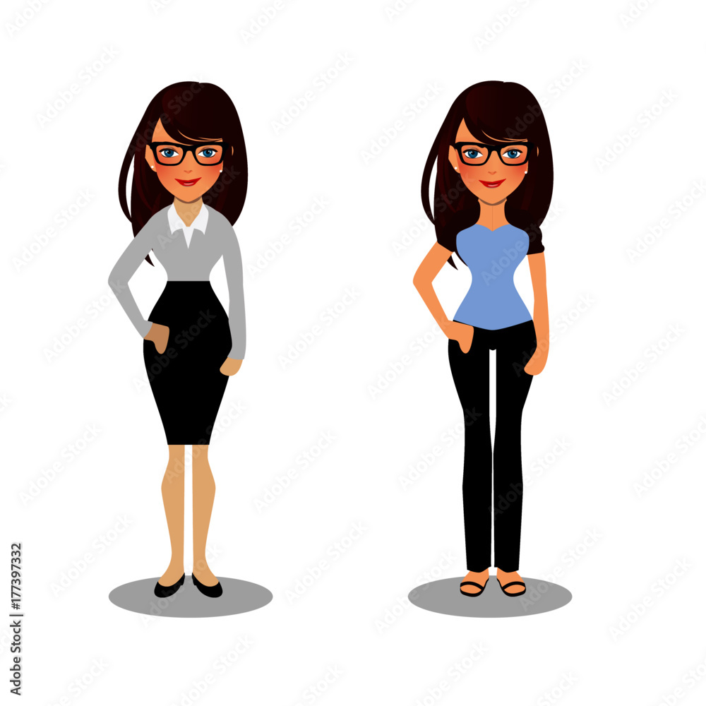 Cool cartoon woman in casual and business clothes, gesturing. Vector illustration, modern design.
