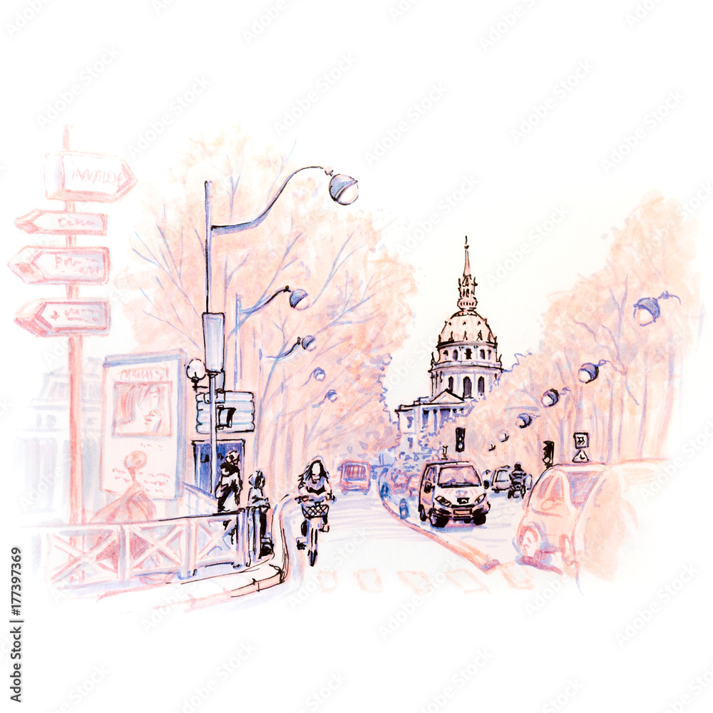 Paris street and Les Invalides in the winter morning, Paris, France. Picture made markers
