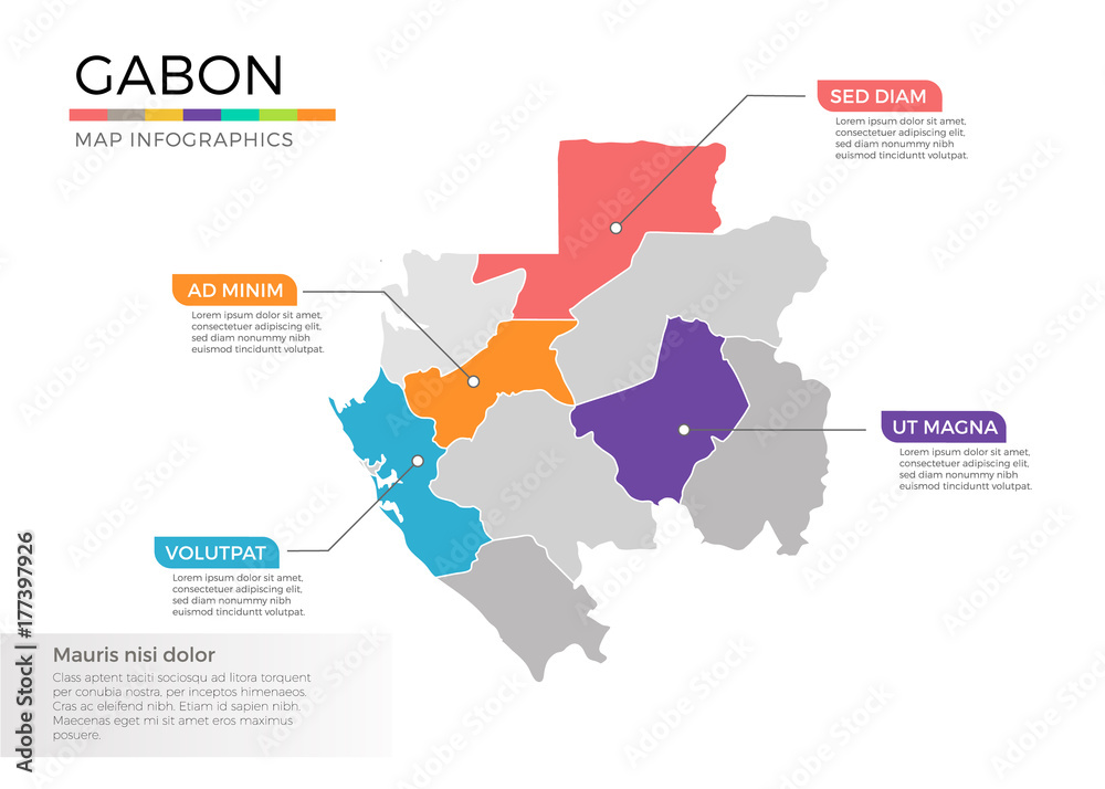 Gabon map infographics vector template with regions and pointer marks