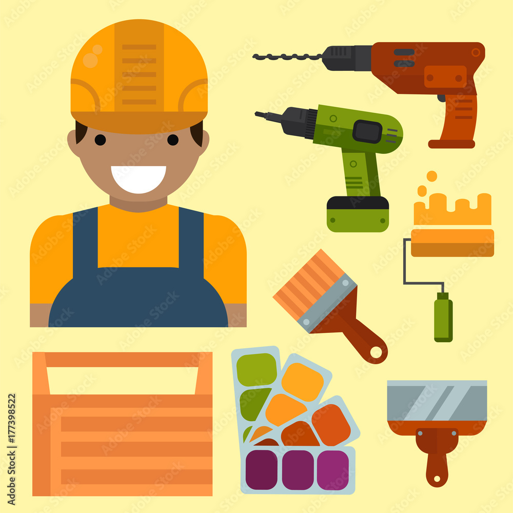 Construction tools worker equipment house renovation handyman vector illustration. Construction tools worker equipment house renovation handyman vector illustration.