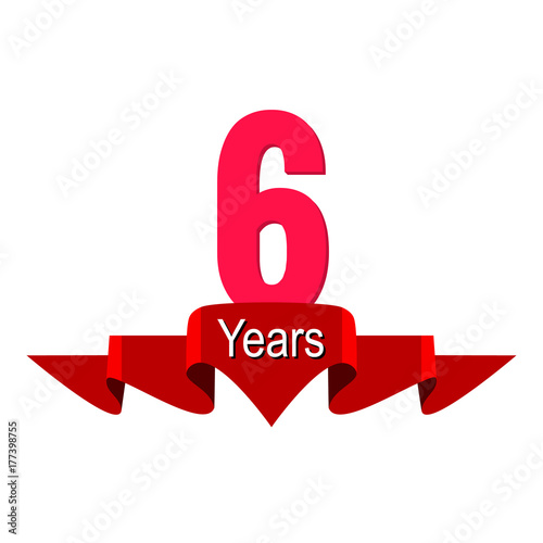 6th year anniversary background with red ribbon on white. Poster or brochure template. Vector illustration.