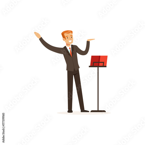 Orchestra conductor directing musical performance
