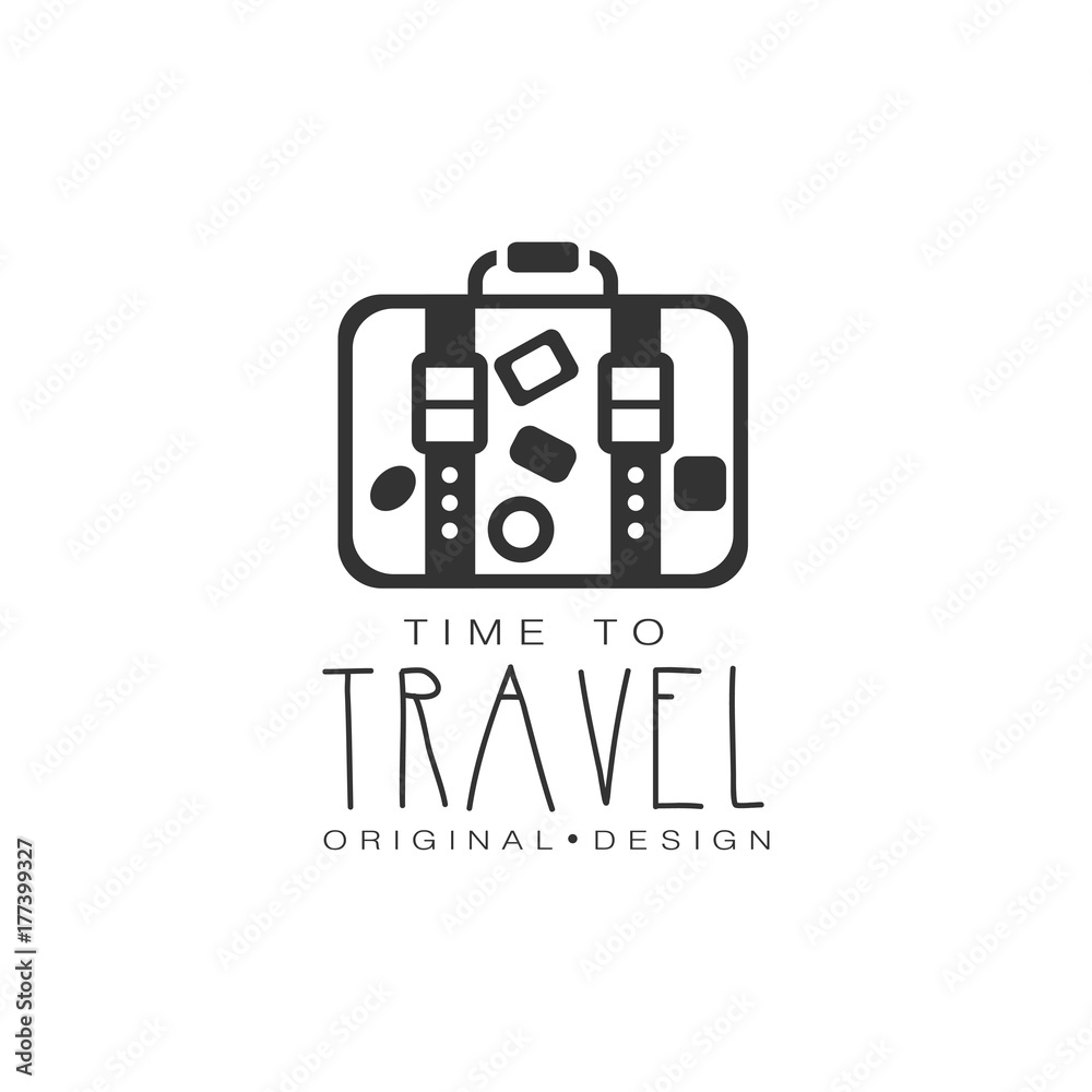 Typographic design logo suitcase with stickers Typographic design logo suitcase with stickers