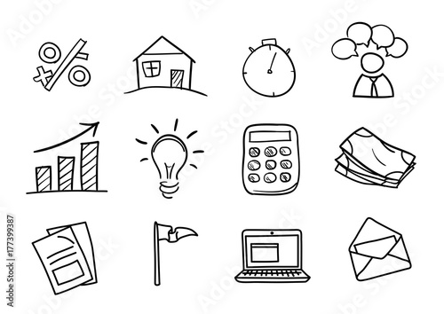 Set of hand drawn business icons isolated on white background