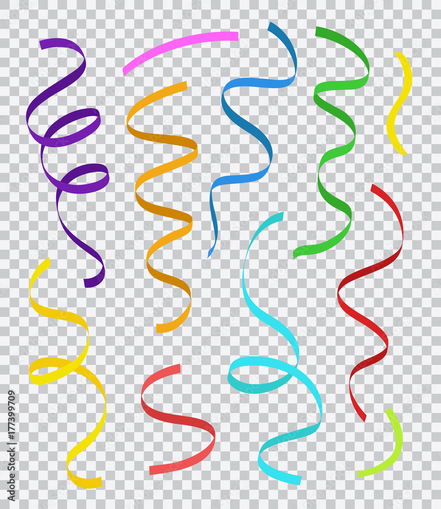Set of colorful party streamers or ribbons isolated on transparent  background Stock Vector