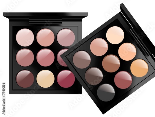 Realistic cosmetics set on white background. Eye shadows Nude Pastel Colors collection. Cosmetic packaging, ad, mock ups