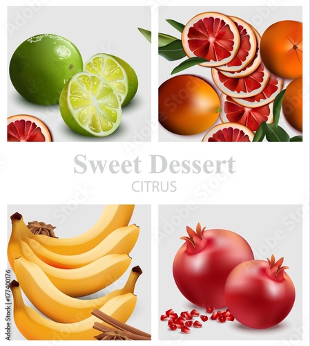Exotic Fruits set Vector realistic. Orange, pomegranate, lime and banana