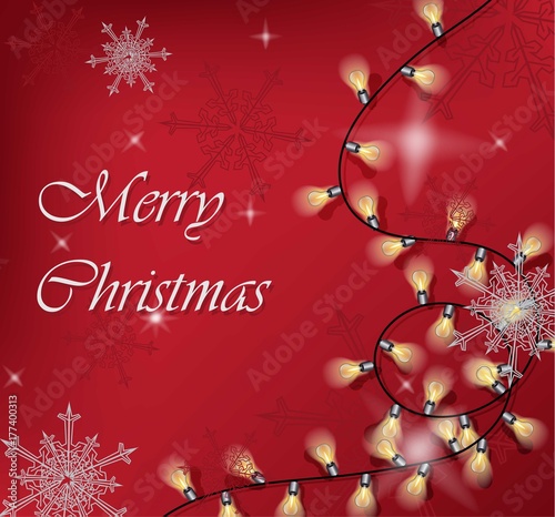 Merry Christmas card with snowflakes and lights. Vector realistic invitations