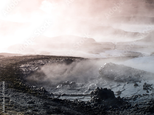 Morning at Sol de manana geyser with mud pots, Bolivian Andean Altiplano, Bolivia, South America.