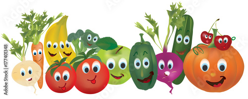 Illustration Collection of Animated Vegetables nad Fruits. Cucumber, Carrot, Pumpkin, Turnip, Pepper, Banana, Cherry, Beet, and Tomato, Characters 