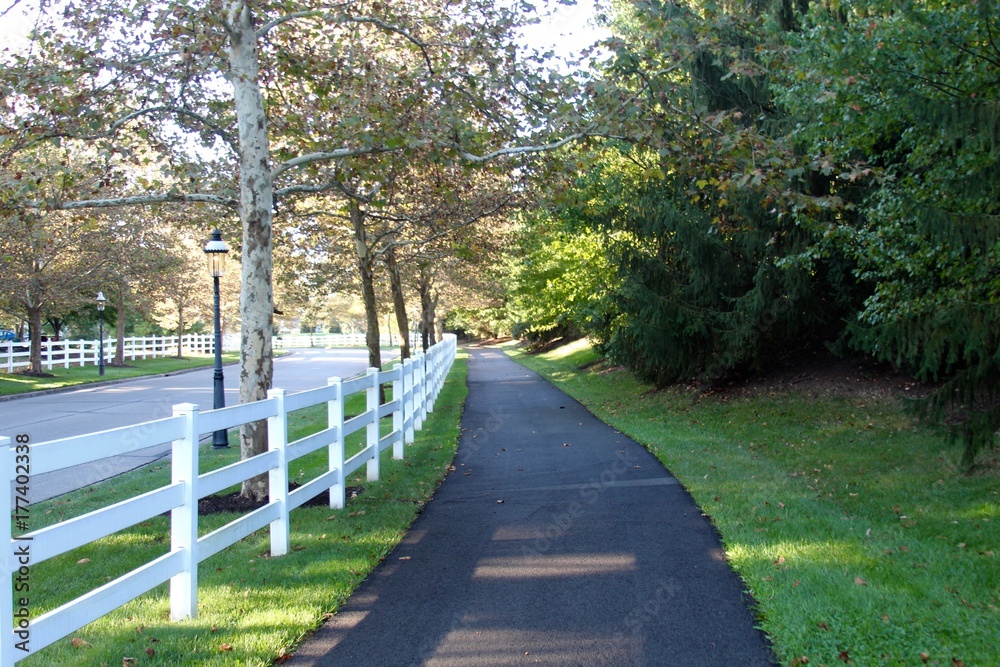 The walkway with the white fence along side of the walk.
