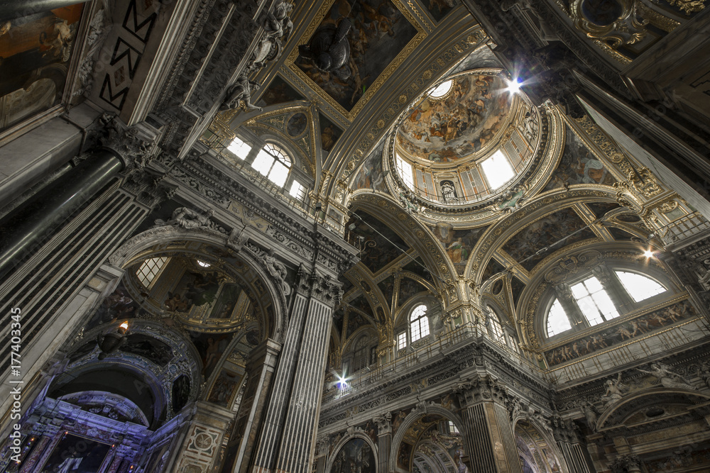 The Chiesa del Gesu e dei Santi Ambrogio e Andrea, a baroque church in the center of Genoa, Italy