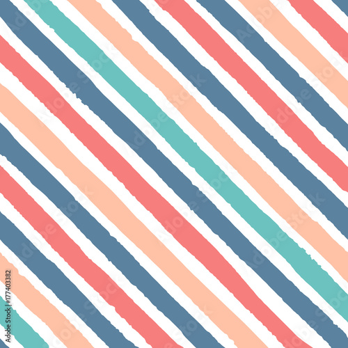 Hand drawn vector diagonal grunge stripes of red, blue, green and yellow colors seamless pattern on the white background.