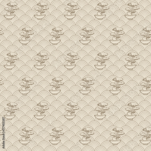 Hand drawn vector asian seamless pattern with bonsai tree contours. Ornament on the beige japanese wave background in retro style.