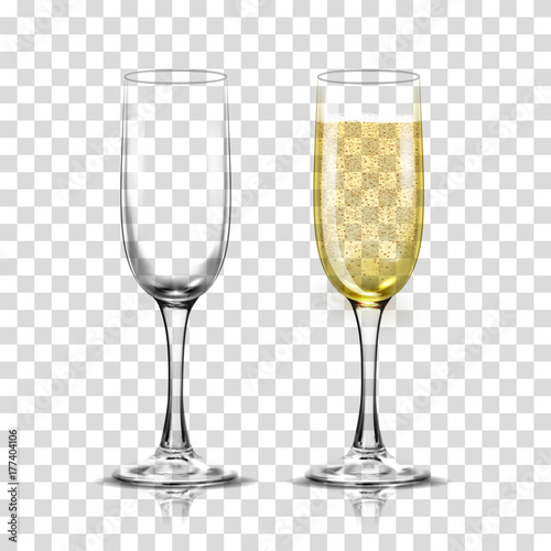 Realistic vector illustration set of transparent champagne glasses with sparkling white wine and empty glass.