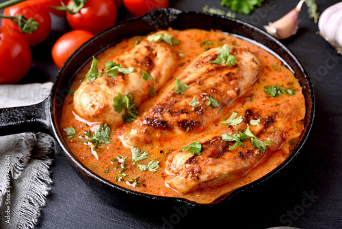 Chicken breast with tomato sauce in frying pan © voltan