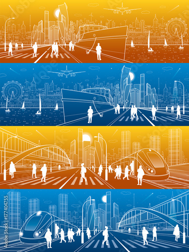 City life illustration set. Ship in port. Train at station. Modern architecture and busines town. Transport infrastructure. People walk down street. Illuminated highway. Vector design art  