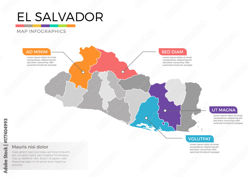 El Salvador map infographics vector template with regions and pointer marks