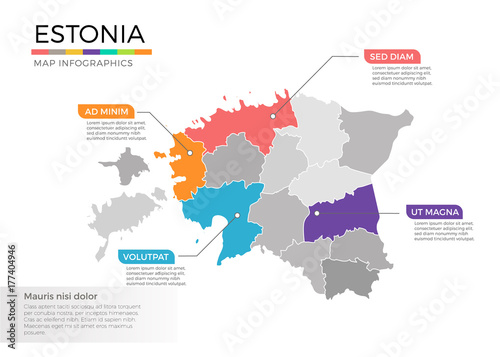 Estonia map infographics vector template with regions and pointer marks