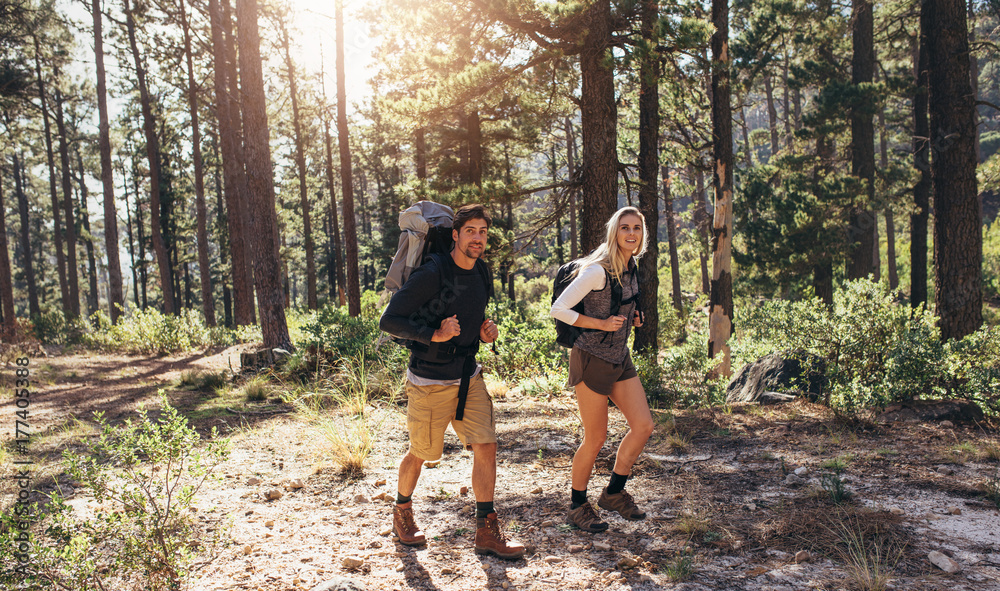 Hiking couple walking in forest wearing backpacks - obrazy, fototapety, plakaty 