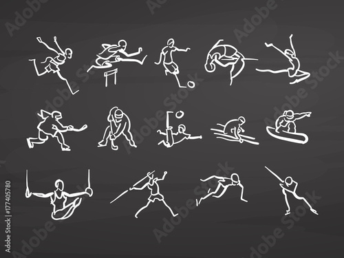 Big set of sportsmen doodles on chalkboard