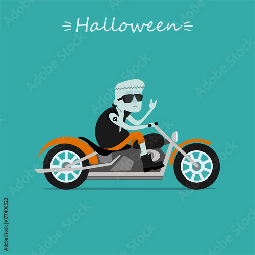 Halloween greeting card. Frankenstein rides the motorcycle. Vector illustration