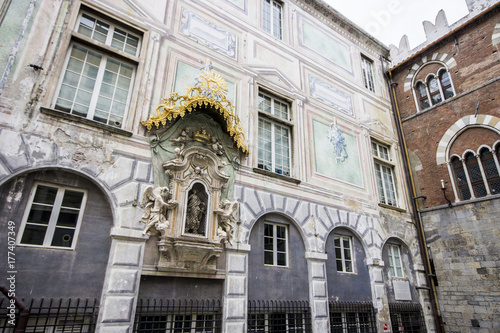 The Palazzo San Giorgio or Palace of St. George near the strada sopraelevata. Port of Genoa, Italy