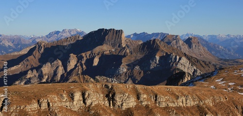 Rugged mountain ranges seen from Chaeserrugg, Switzerland. Mount Nideri, Fulfirst, Gamsberg, Alvier and others.