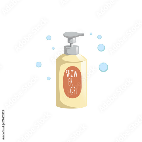 Cartoon trendy design yellow bottle with dispenser icon. Shower gel with foam bubbles vector illustration.