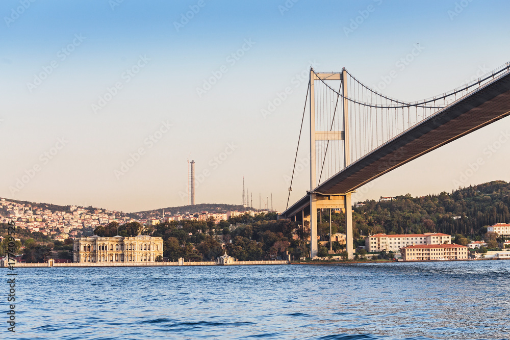 Suspension bridge over the Bosporus Strait, one of the largest and most important road transport hub in Istanbul and Turkey Suspension bridge over the Bosporus Strait, one of the largest and most important road transport hub in Istanbul and Turkey