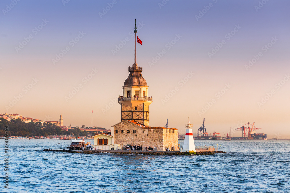 Maiden Tower at sunset, view from ferry boat of bosphorus sea cruise Maiden Tower at sunset, view from ferry boat of bosphorus sea cruise