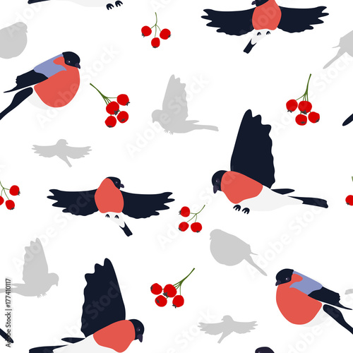 seamless texture of bullfinches and berries