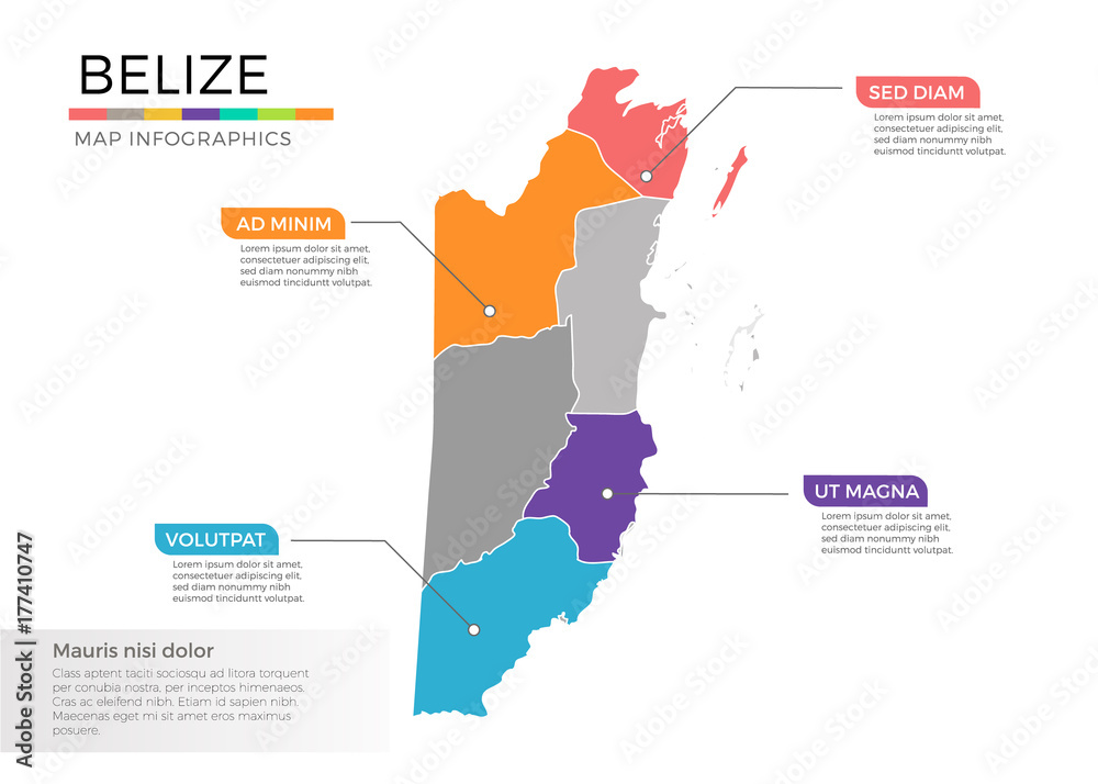 Belize map infographics vector template with regions and pointer marks ...