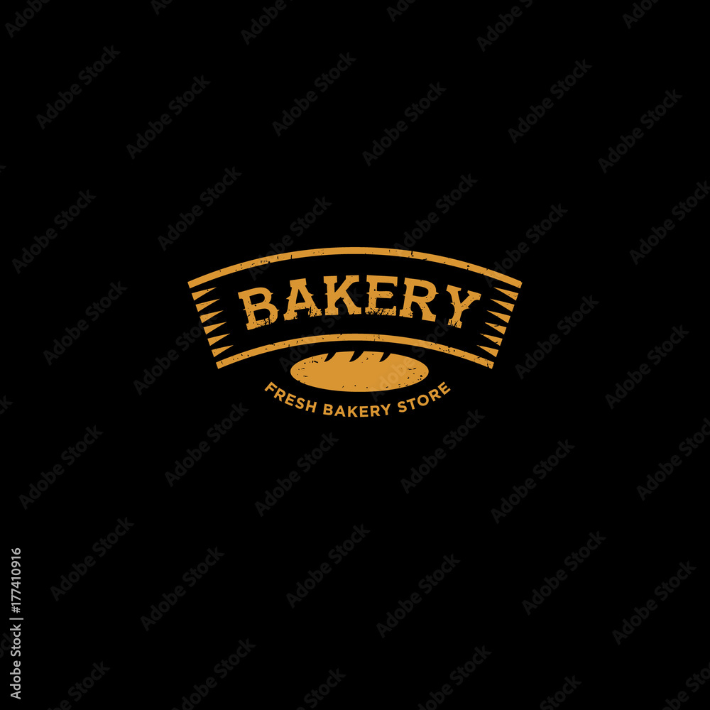 Fototapeta premium Bakery or Bread shop logo. Gold stamp logo isolated on black background.