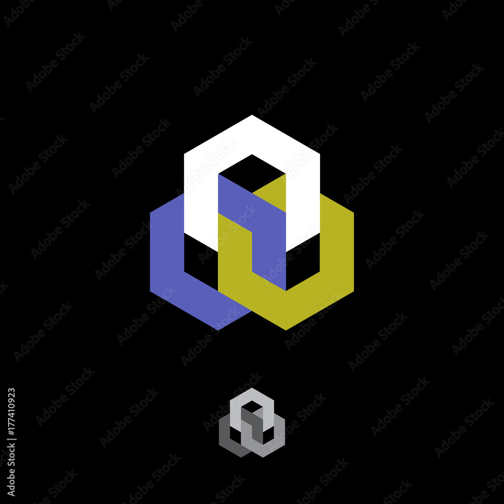   Hexagon building or technology, chemical, industrial logo. 3 bound hexagons on a dark background.