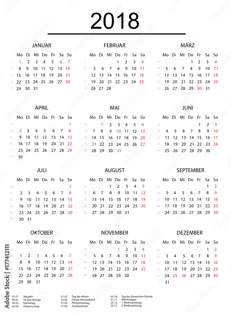 Kalender 2018 mit einer Linie Kalender 2018 mit einer Linie