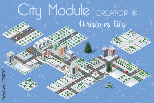 A set of winter Christmas urban quarter modules for the construction of a large isometric metropolis city