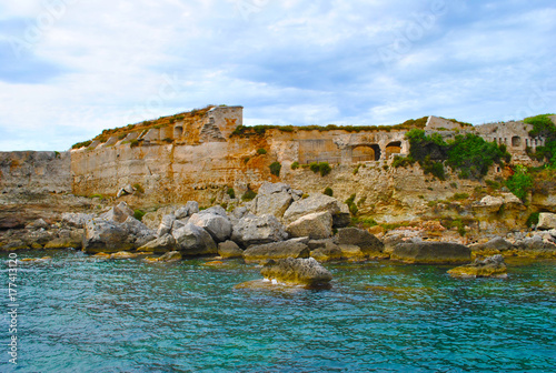 MAHON, MENORCA, 12.08.2017: View from tourist boat at Fortalesa de la Mola fortress.