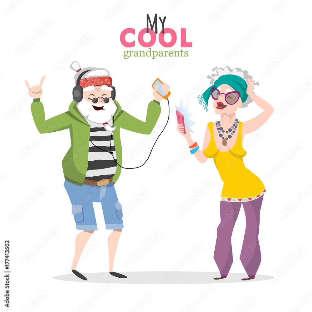 Old man and woman listening music on phone, makes selfie and dances.