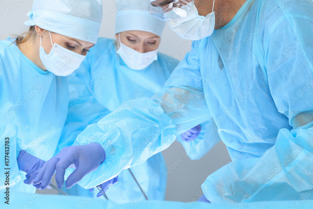 Group of surgeons at work while operating at hospital. Health care and veterinary concept Group of surgeons at work while operating at hospital. Health care and veterinary concept