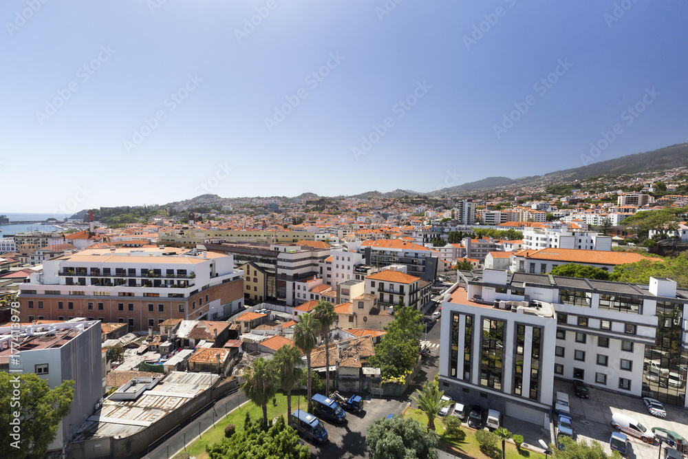 Aerial view of Funchal on a bright sunny summer day in Madeira, Portugal.